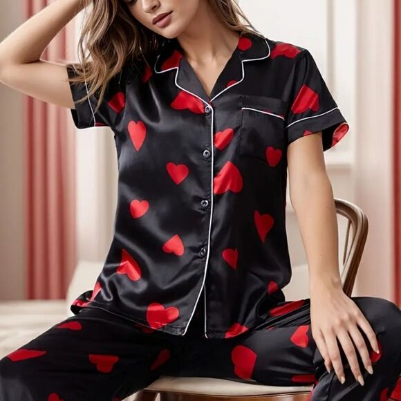 Women's Red Heart Print Black Pajama Set, Sleepwear and loungewear - Picture 12 of 12